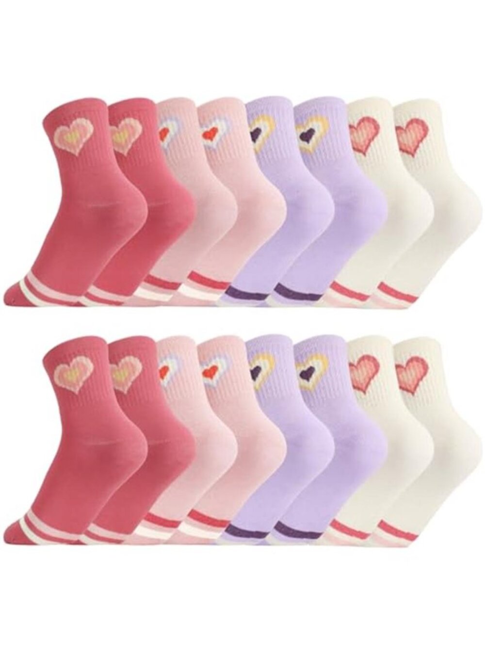 8 Packs Kids Girls Crew Athletic Socks with Retro Stripes Hearts
